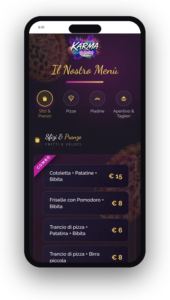 Il menu digitale del bar Karma su un telefono, con categorie di cibo e bevande e prezzi