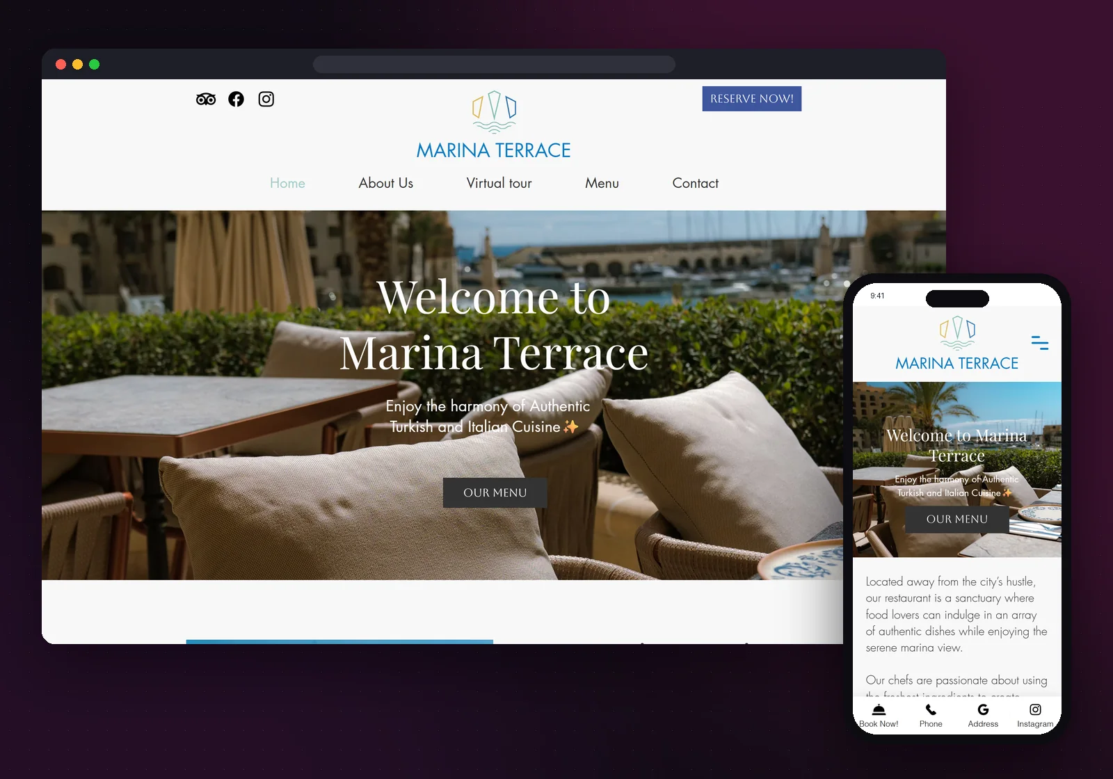Il sito di Marina Terrace su desktop e mobile, con il pulsante per prenotare e la vista sul porto