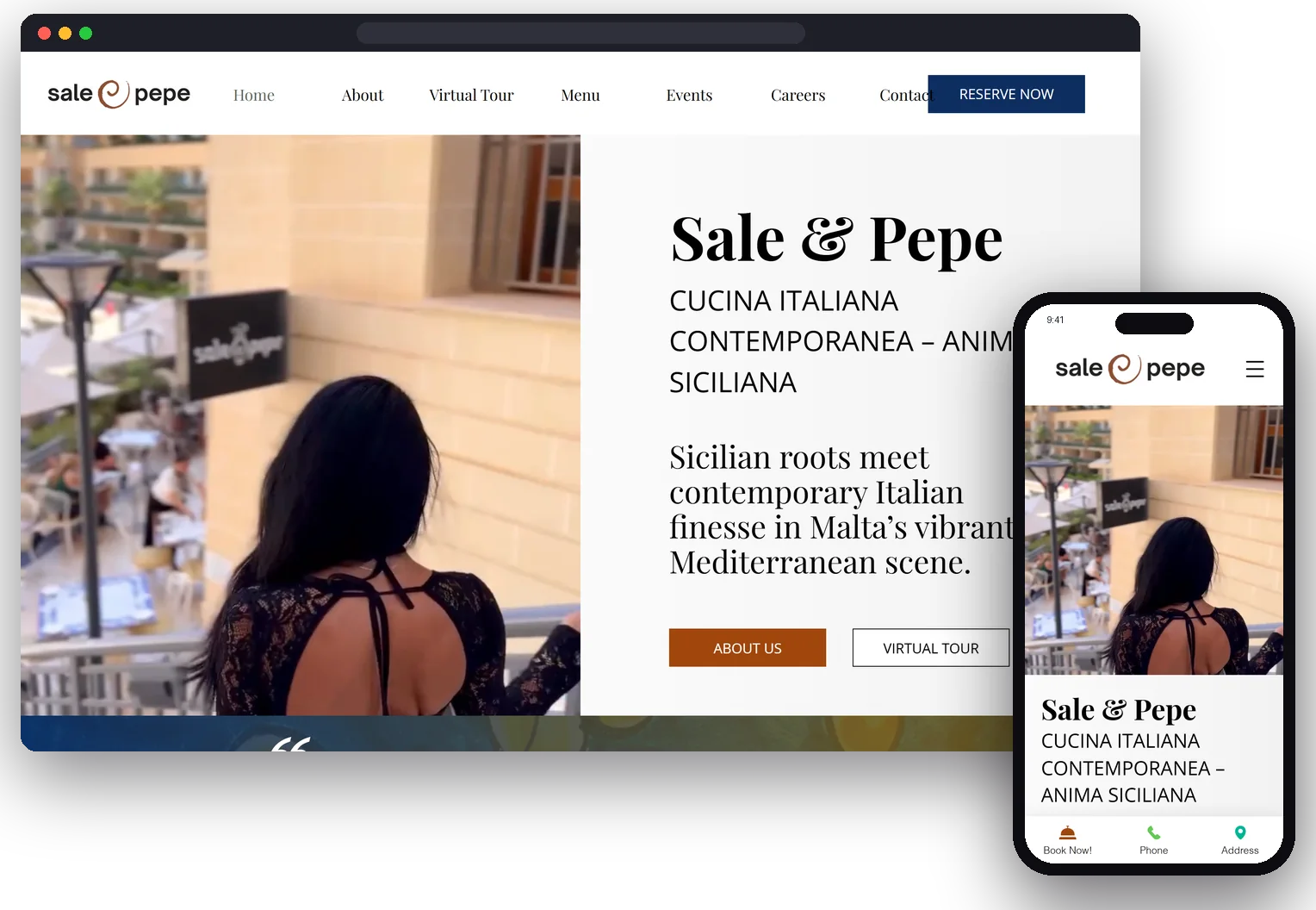 Il sito del ristorante Sale e Pepe a Portomaso, realizzato da AM WebLab, su laptop e telefono