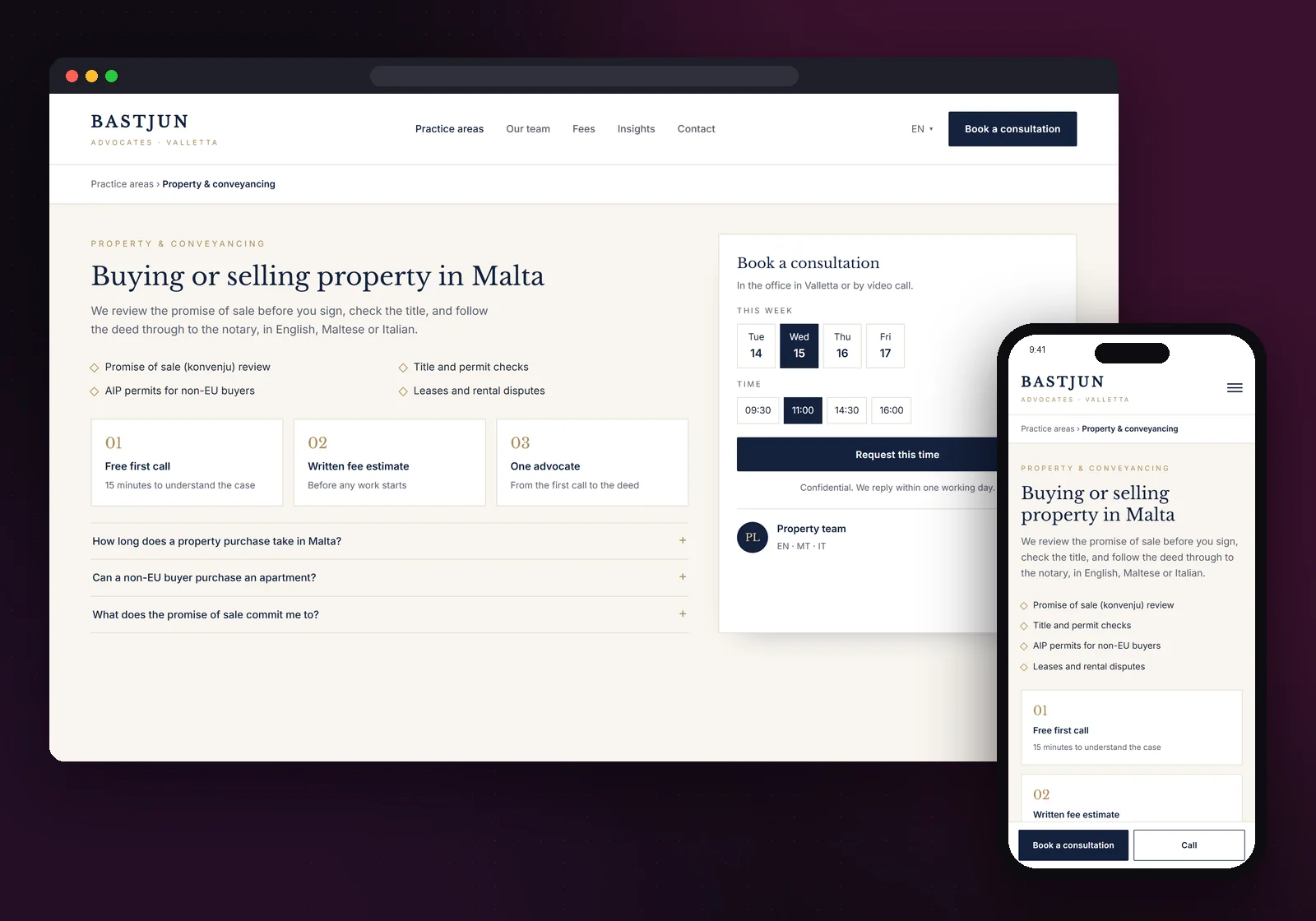 Example practice area page of a law firm website, with consultation booking by date and time