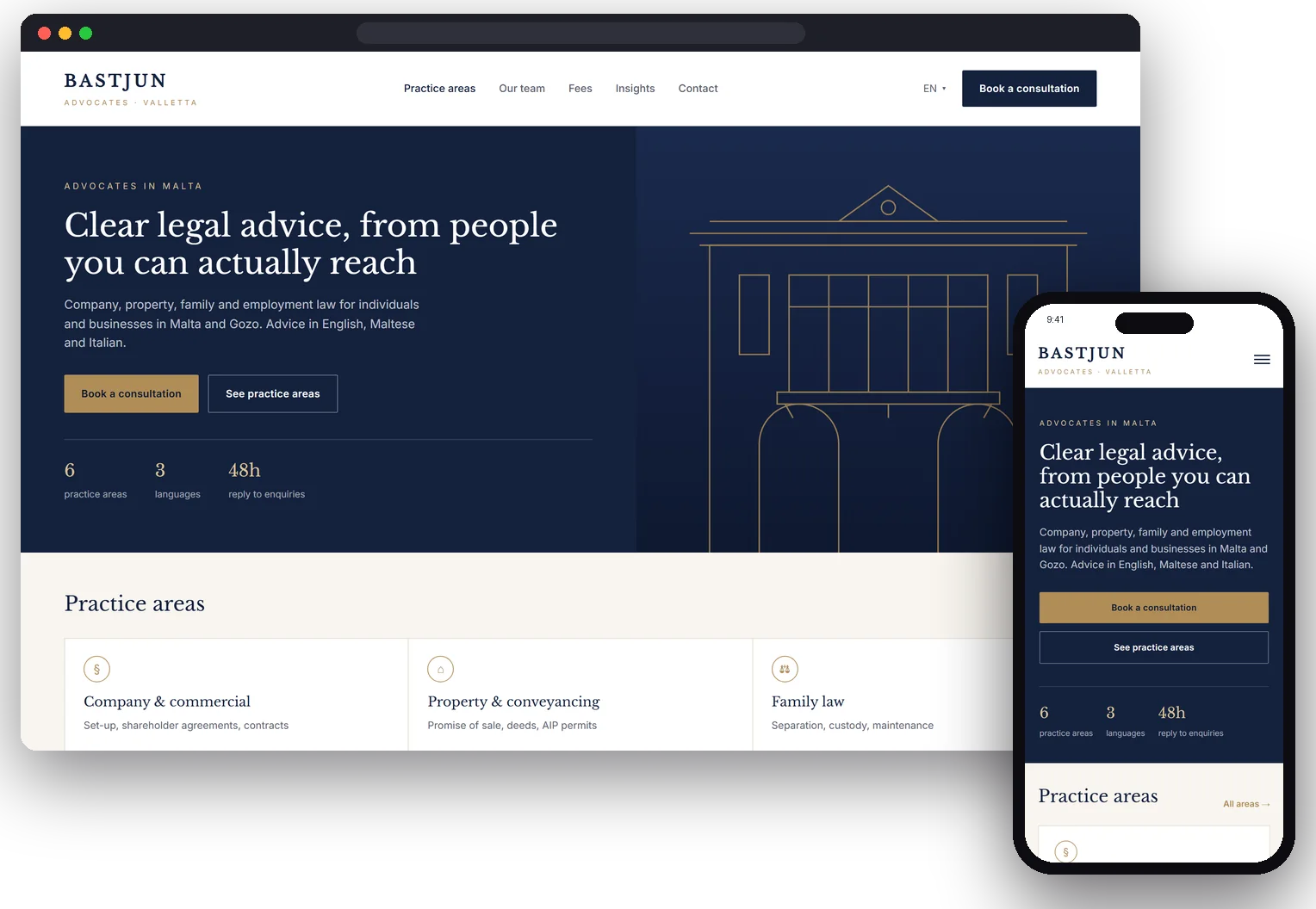 Example law firm website on a laptop and a phone, with practice areas and a consultation button