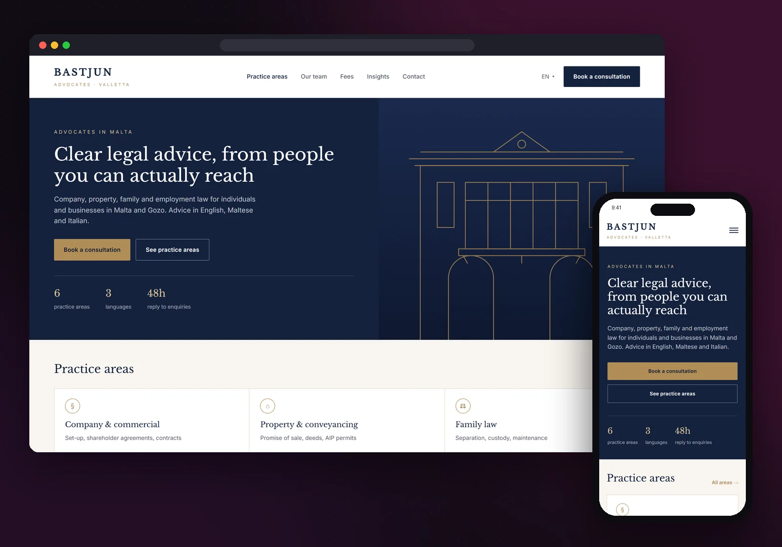 Example law firm website on desktop and mobile, with practice areas and team