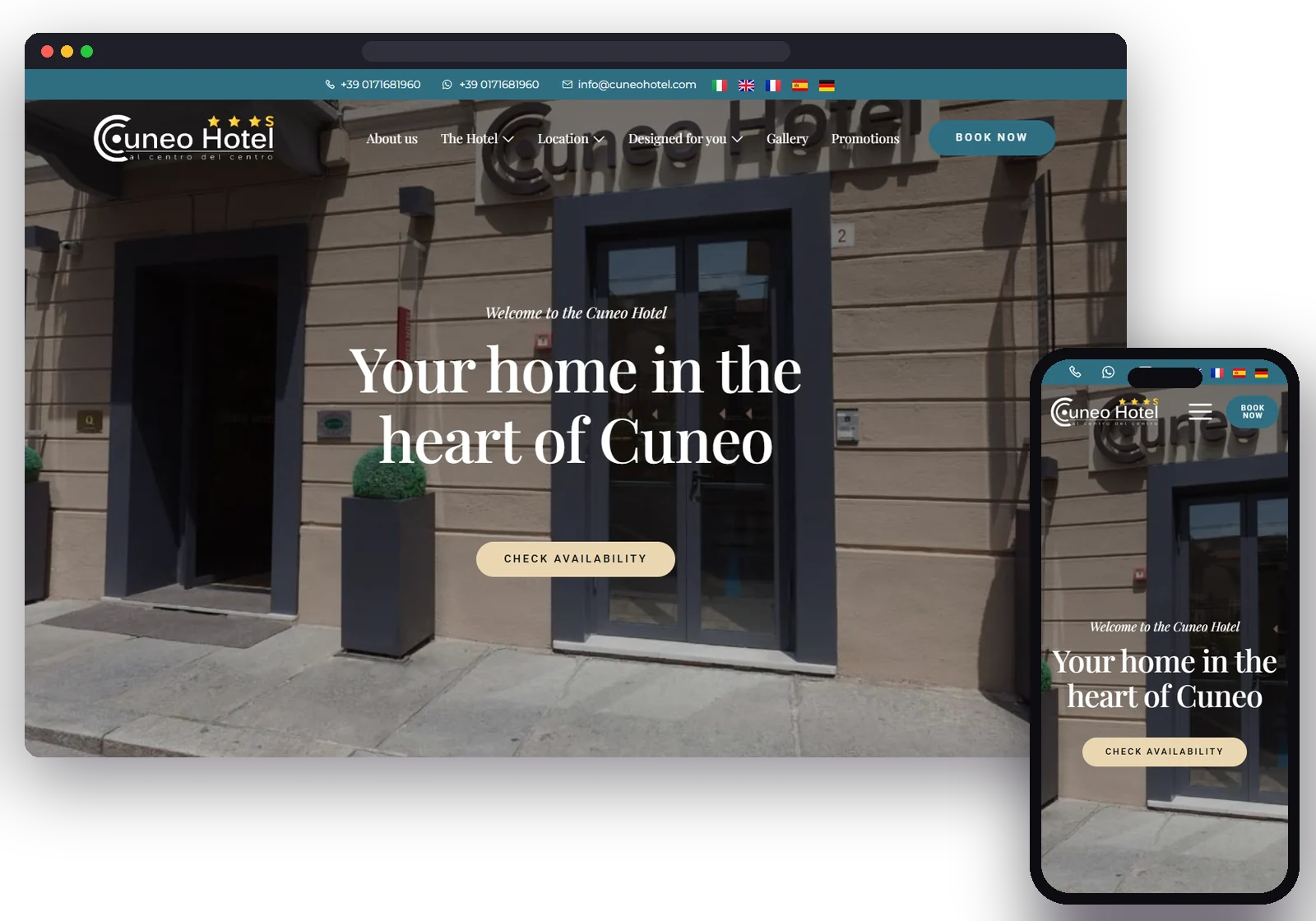 Cuneo Hotel website designed by AM Web Lab, desktop and mobile