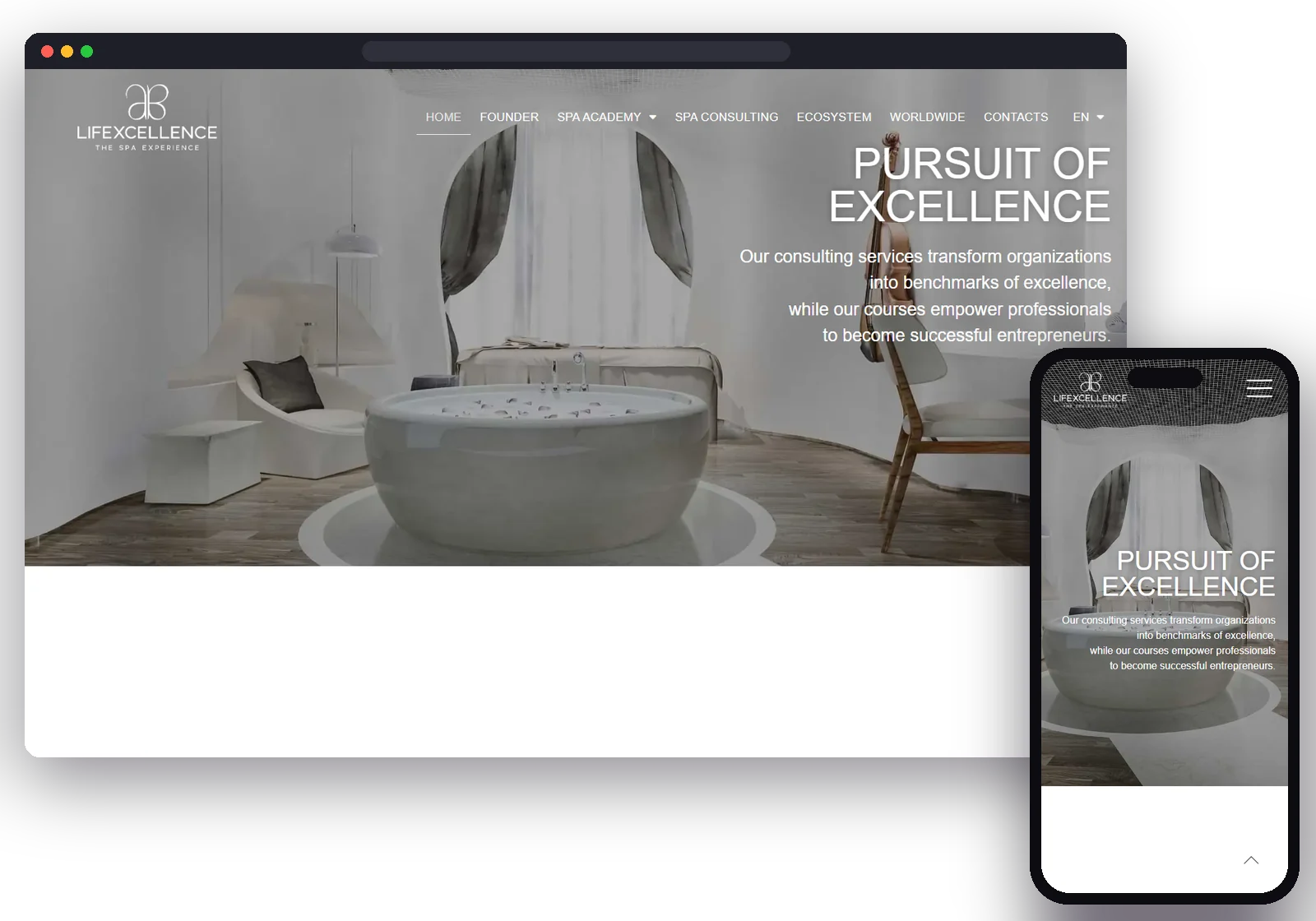 Lifexcellence website designed and built by AM WebLab, shown on desktop and mobile