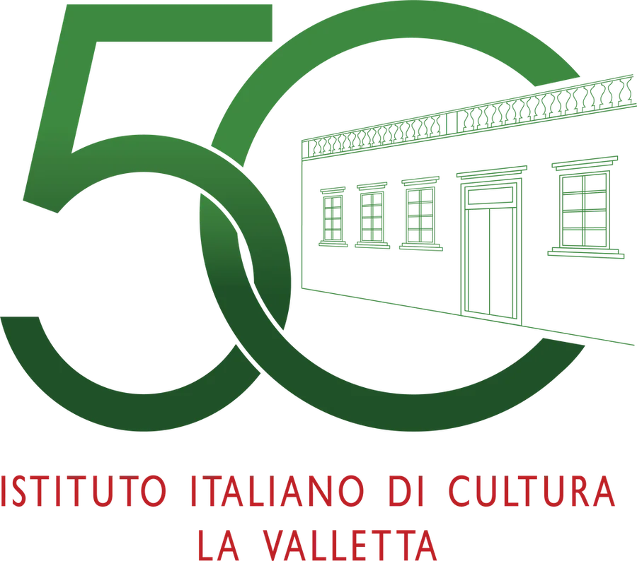 50th anniversary logo built around the illustrated façade of a historic building in Valletta