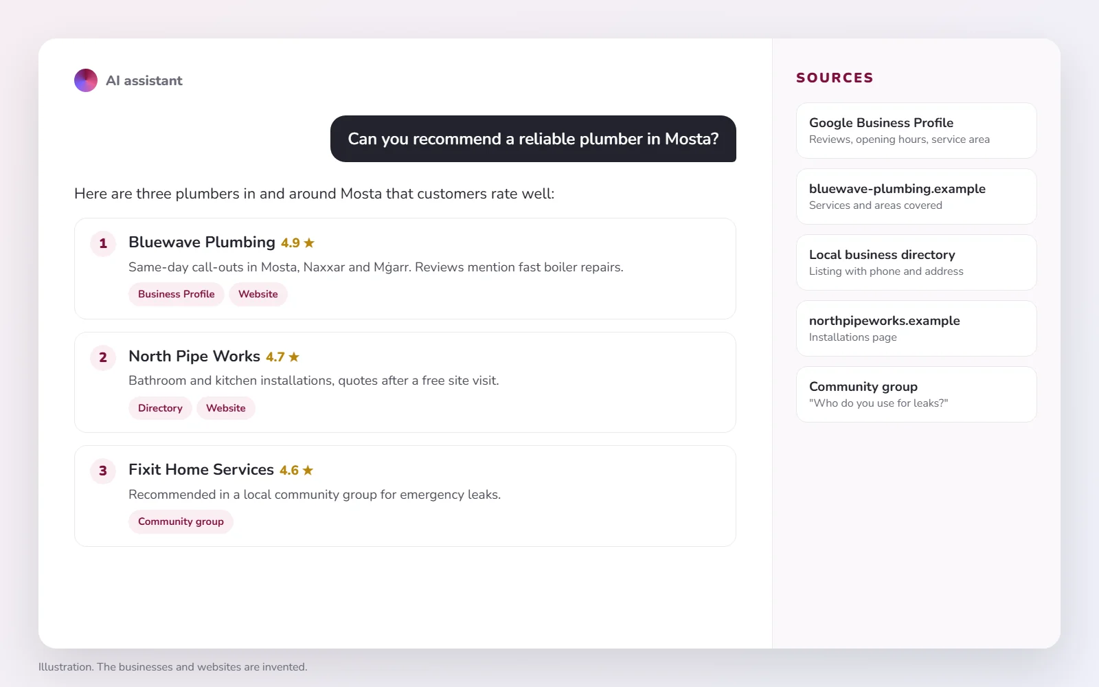 Illustration of an AI assistant answering a question about a plumber in Mosta with a short list of three invented businesses and the sources it used, such as a Google Business Profile, a directory and a website