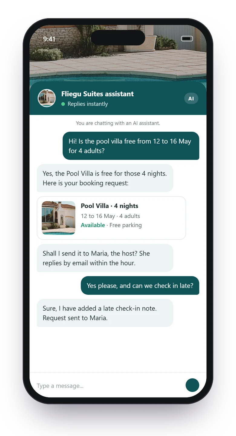 AI chatbot on a phone taking a booking request for a pool villa in Gozo