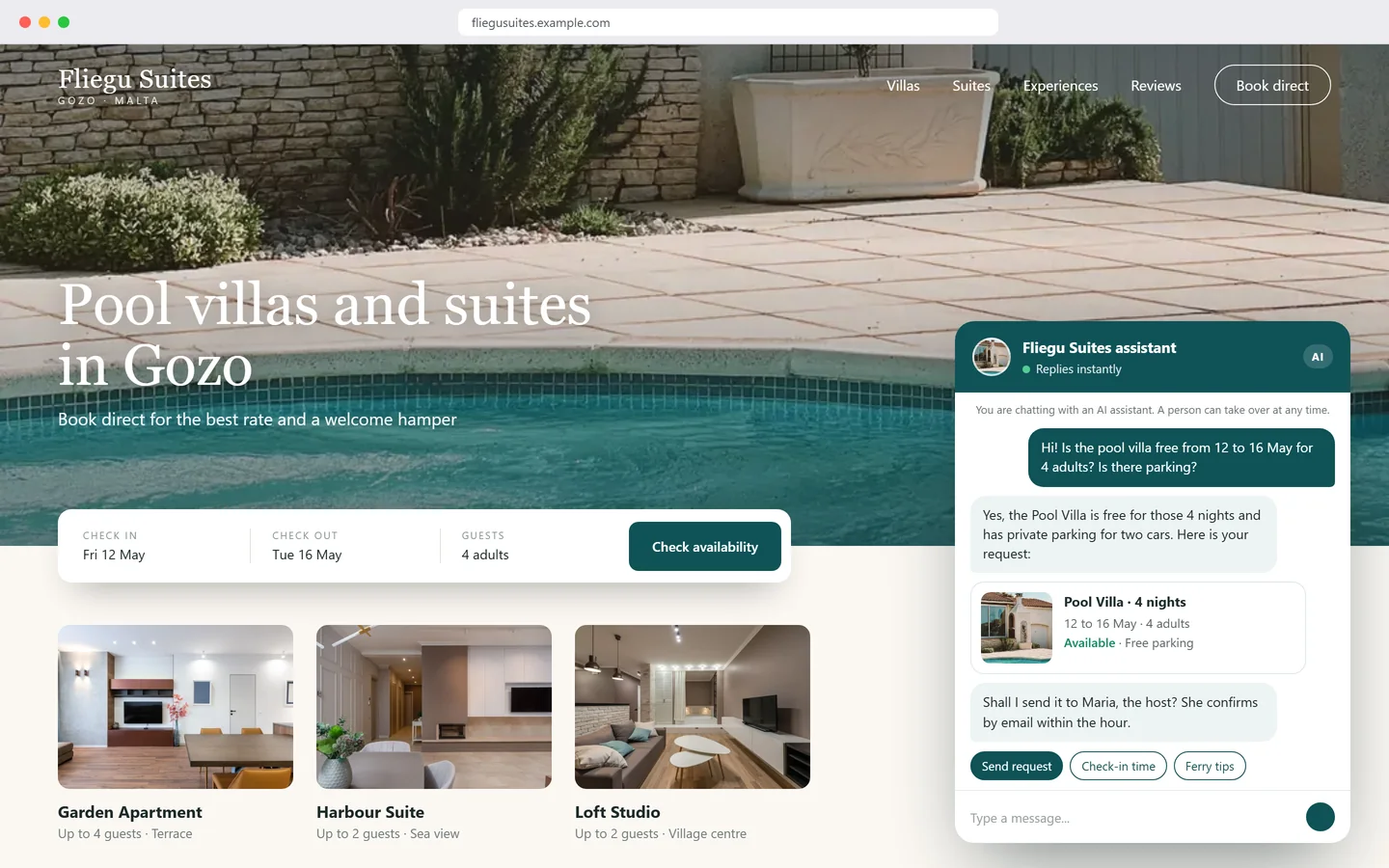 AI chatbot on a holiday villa website in Gozo preparing a booking request for four guests