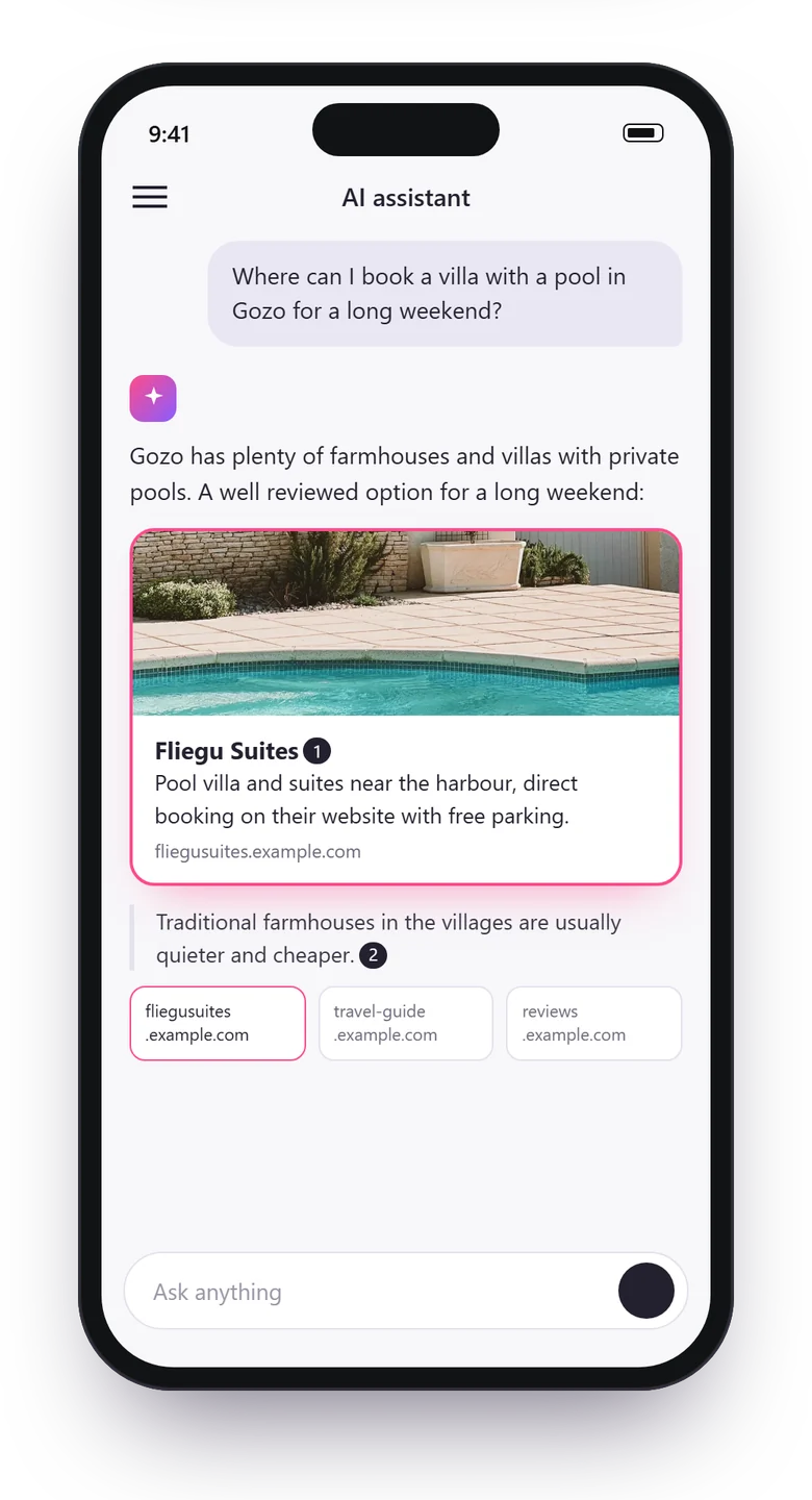 AI assistant on a phone recommending a Gozo holiday villa and citing its website as the source