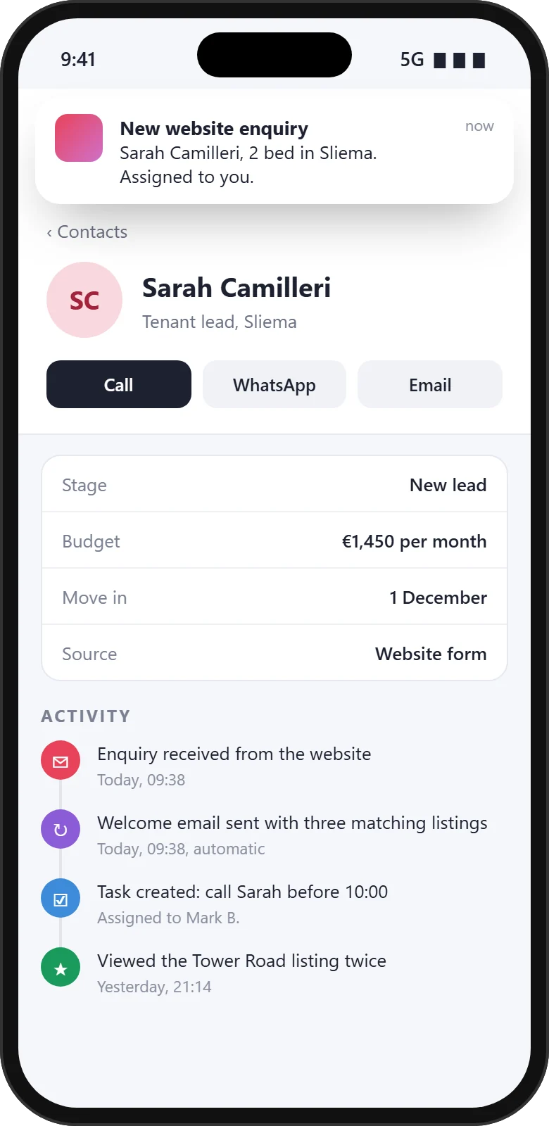 CRM contact record on a phone with a new website enquiry alert and the activity timeline of the lead