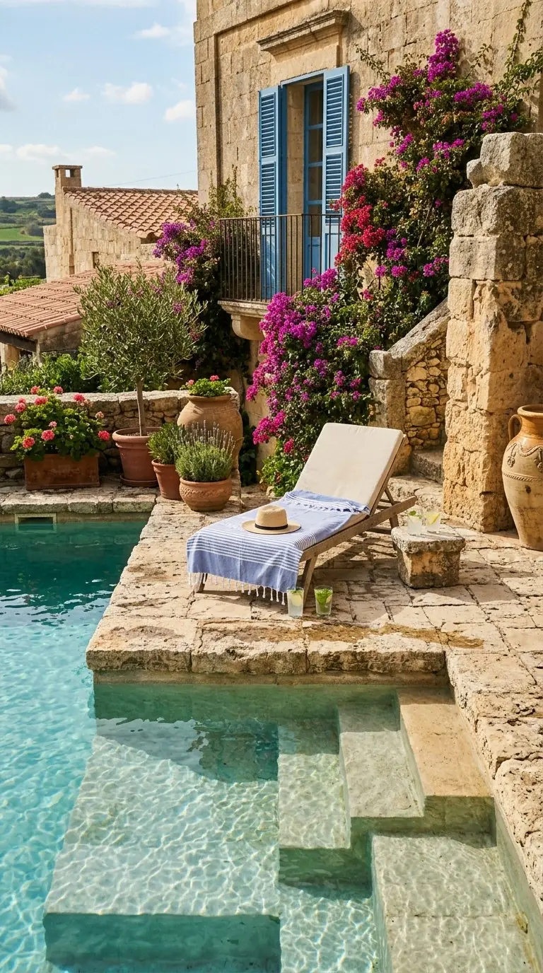 Traditional Maltese stone farmhouse with a private pool, sun lounger and bougainvillea