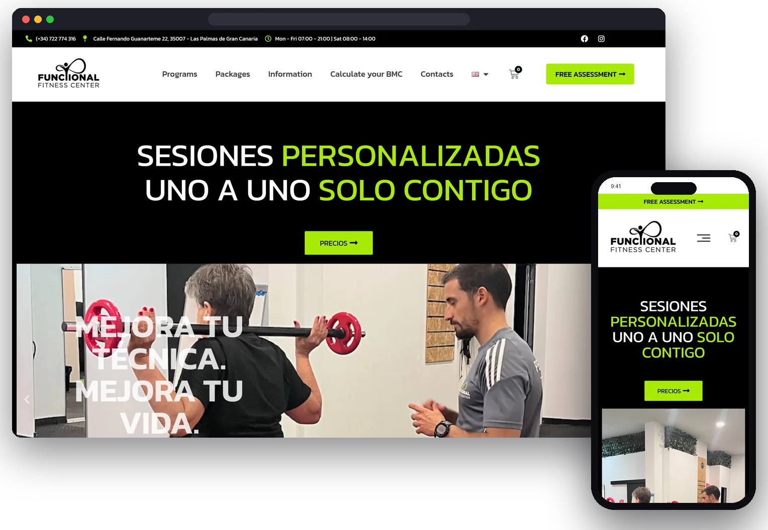 Funcional Fit personal training centre website in English, designed by AM WebLab, on a laptop and a phone