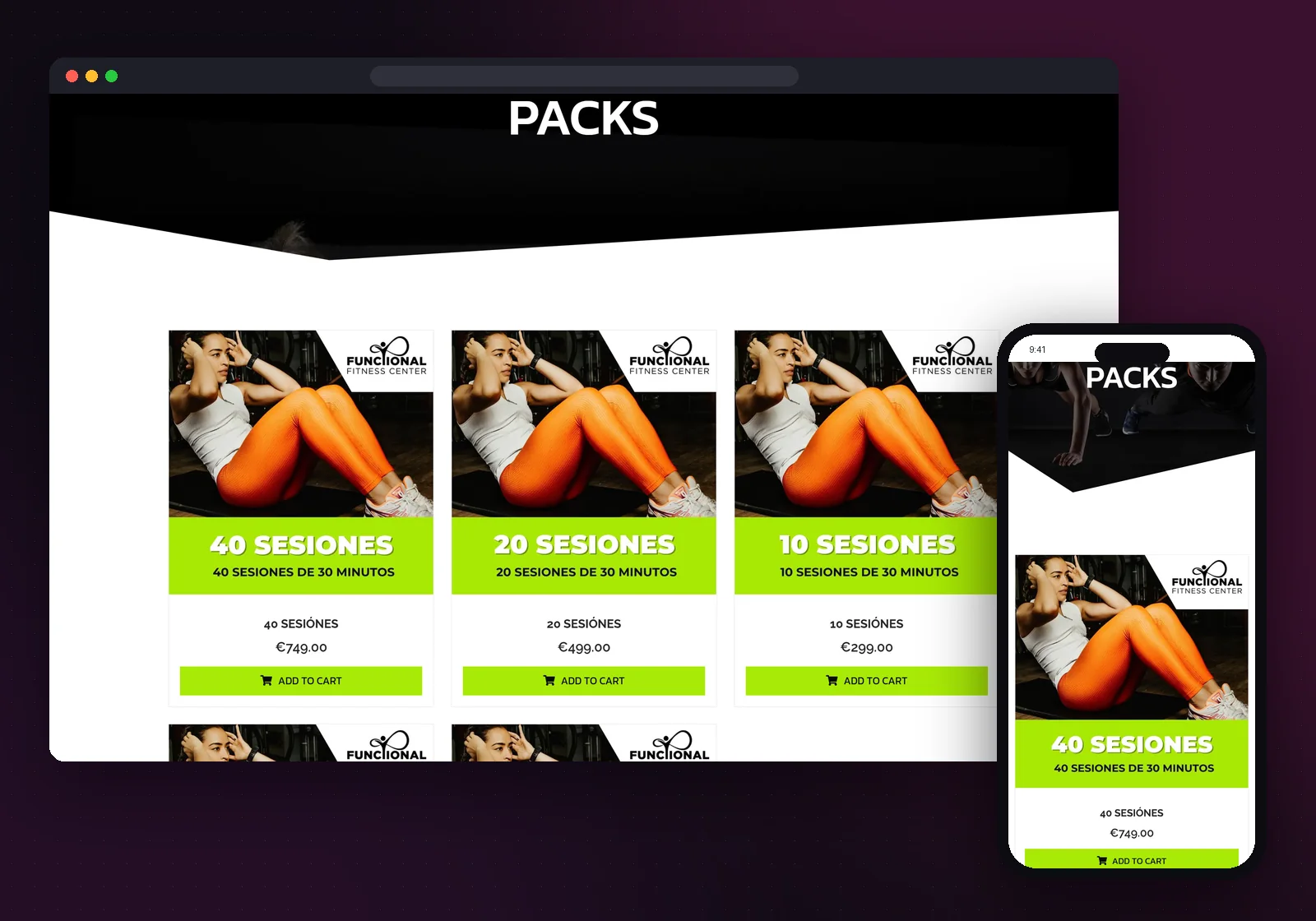 Funcional Fit training packs page on desktop and mobile, with packs of personal training sessions and an add to cart button