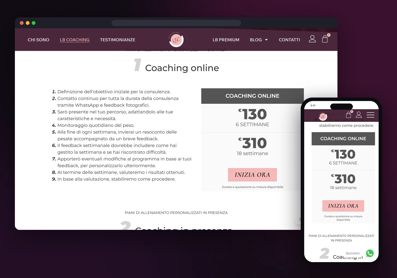 Lisa Bazzaro coaching page on desktop and mobile, with the online coaching plan and the start button