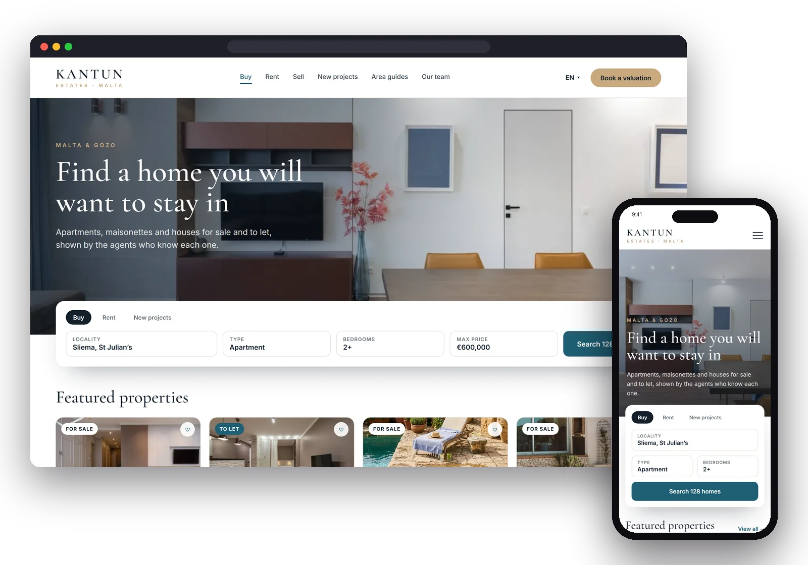 Example estate agent website on a laptop and a phone, with property search and featured listings