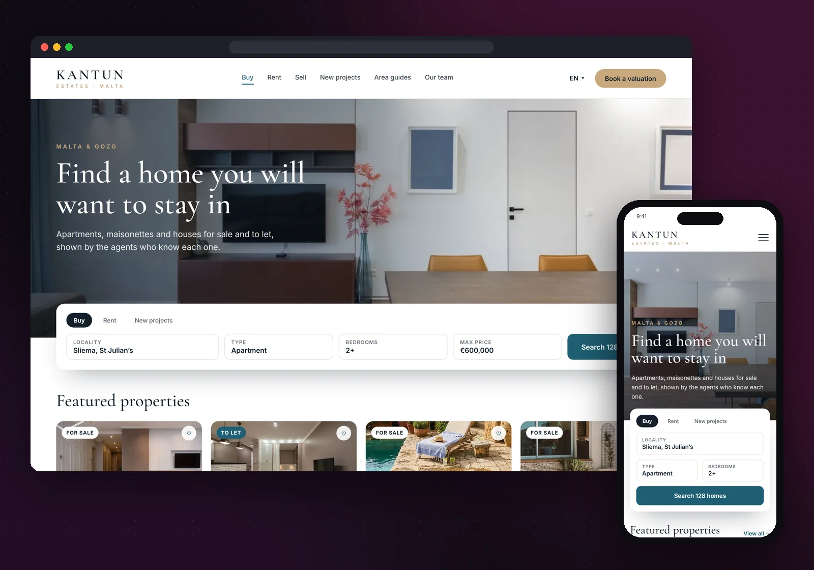 Example estate agent website on desktop and mobile, with property search by locality, type and price and featured listings