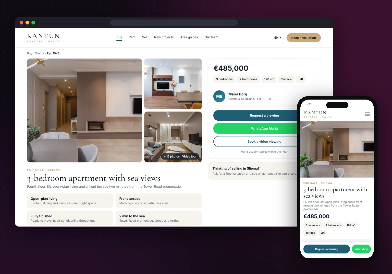 Example property page of an estate agent website on desktop and mobile, with photo gallery, agent contact, viewing request and WhatsApp buttons